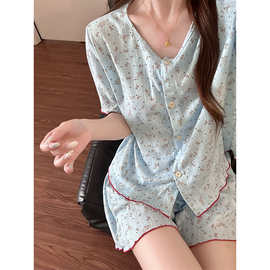 韩系风开衫短袖睡衣女夏季软糯短裤甜美碎花家居服休闲套装可外穿