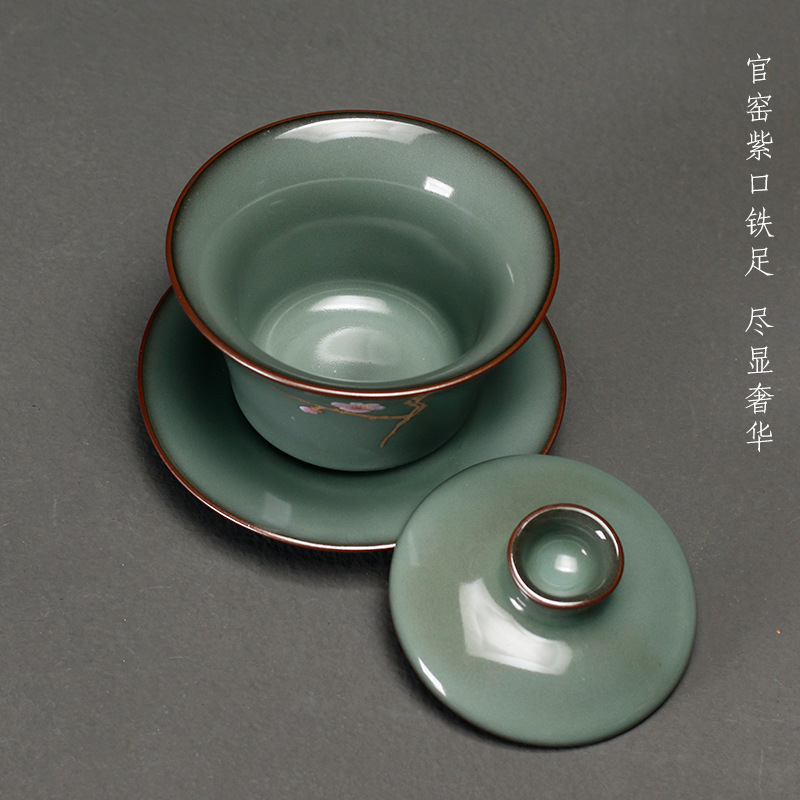 Horno oficial celadón pintado a mano para hacer té cubierta de tres piezas La apertura del Tazón puede elevar el hogar Juego de té de Kung Fu japonés tazón de té de cerámica individual