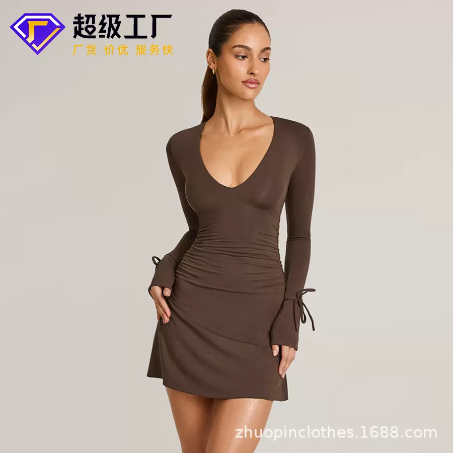 卓品服饰定制欧美风日常约会长袖绑带豹纹印花性感辣妹派对连衣裙