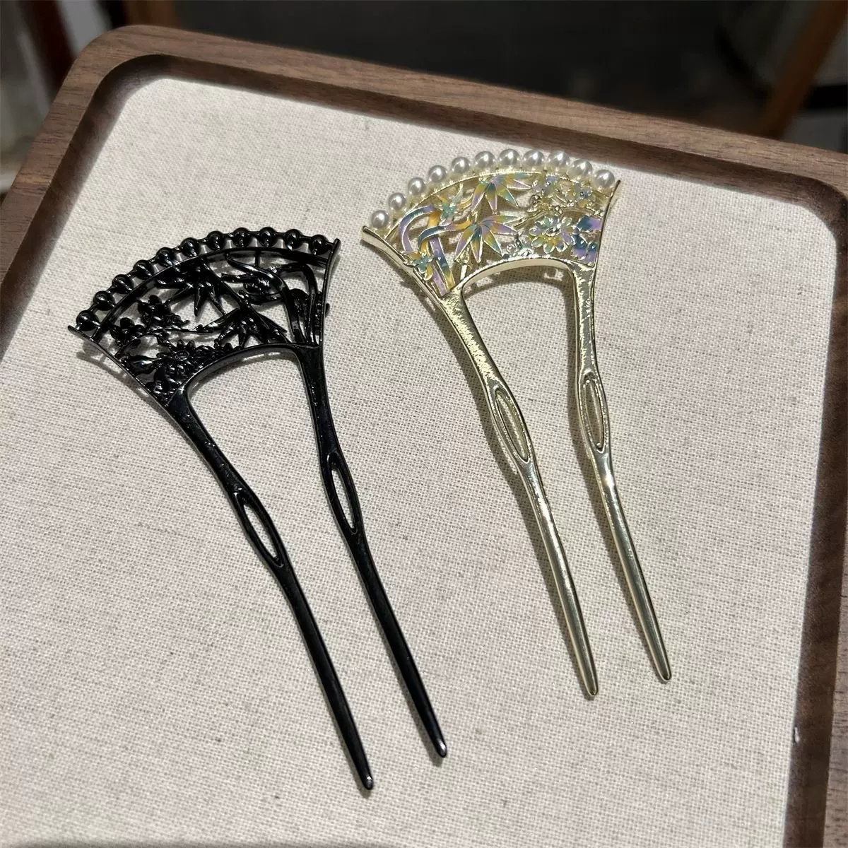 古典柔美~珍珠镂空扇形u型发簪新中式发钗簪子女高级感夏盘发头饰