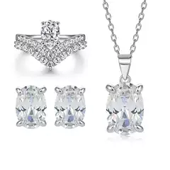 925 Sterling Silver Jewelry Set with V-Shaped Crown Ring, Pear-Shaped Zircon Pendant Necklace, and Stud Earrings - Minimalist High-End European & American Style