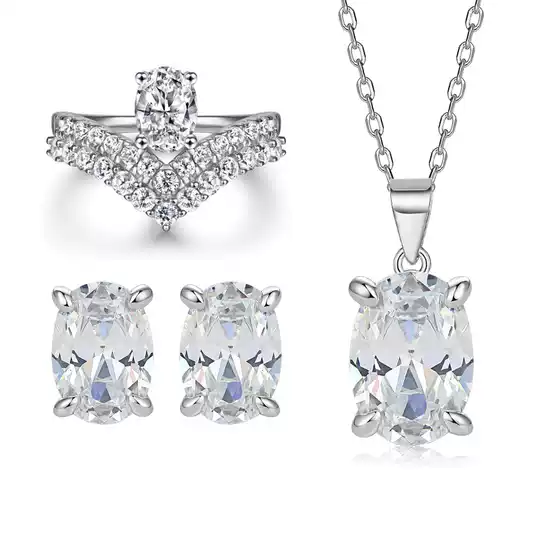 925 Sterling Silver Jewelry Set with V-Shaped Crown Ring, Pear-Shaped Zircon Pendant Necklace, and Stud Earrings - Minimalist High-End European & American Style