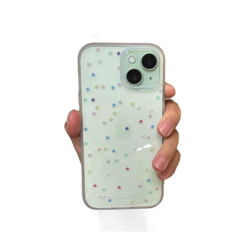 Чехол для телефона (Apple iPhone13 / iPhone14 Pro / iPhone15 Pro) — прозрачный с цветными звёздочками, большой вырез под камеру