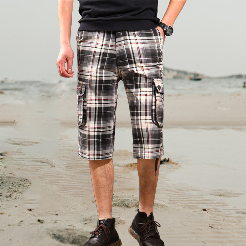 Primavera y verano Comercio exterior Plaid shorts pantalones de playa de los hombres multi-Bolsillo 7-punto pantalones sueltos más tamaño ropa de trabajo medio pantalones al por mayor
