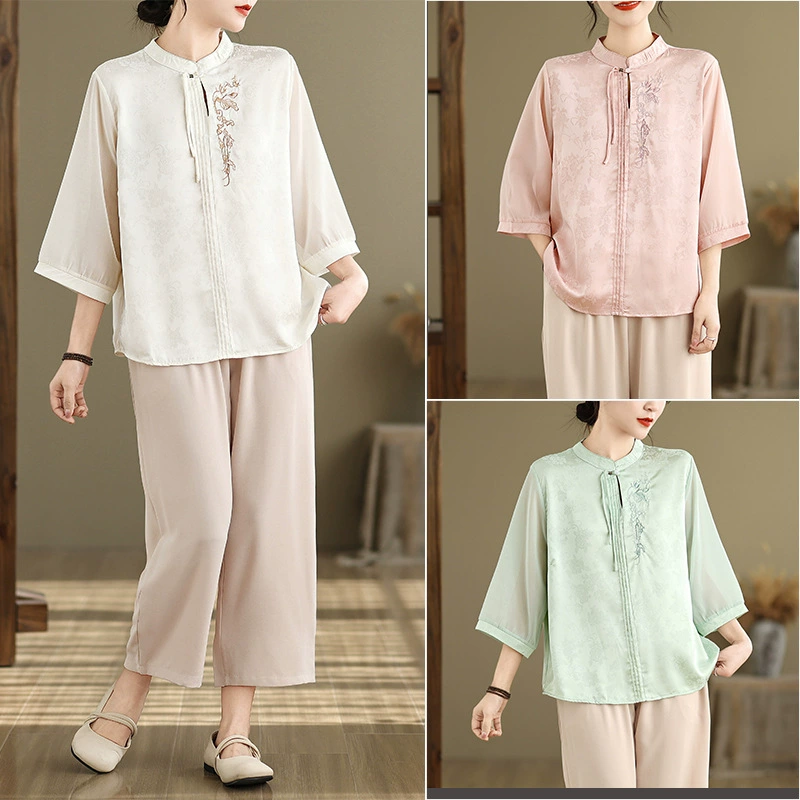 Настоящая фотография новой стильной атласной жаккардовой футболки мамы в китайском стиле с рукавом три четверти, тонкого модного женского топа, комплекта из двух предметов.