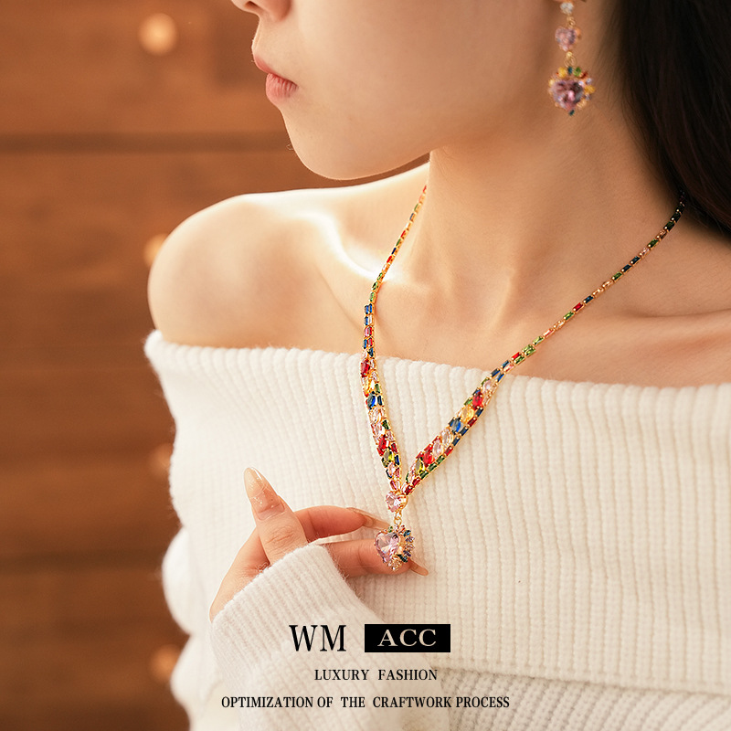 Collar colgante de amor de circón de color Collar dulce y único de alta gama coreano Conjunto de joyería de princesa de moda image 5