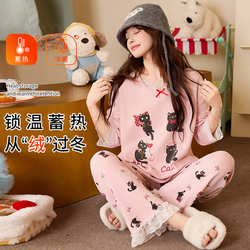 Pajamas for Women in Autumn and Winter, Silk Wool and German Velvet Thickened Long-Sleeved Round-Neck Pullover Cartoon Thermal Storage and Warm Home Wear