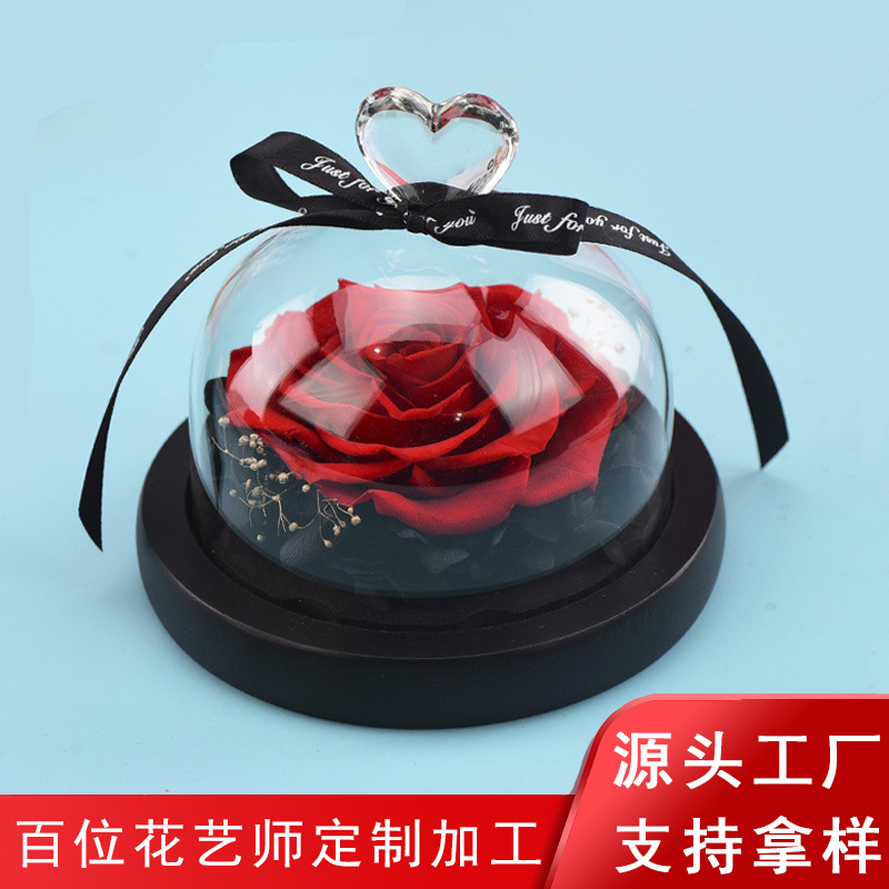 Pequeña rosa eterna en cúpula de cristal, producto terminado, regalo de San Valentín, adorno de alta gama, fabricante de Amazon, venta al por mayor
