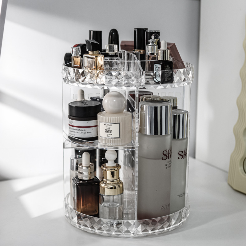 360 Rotación de productos de cuidado de la piel caja de almacenamiento de luz de lujo giratorio estante cosmético transparente estante de almacenamiento de escritorio