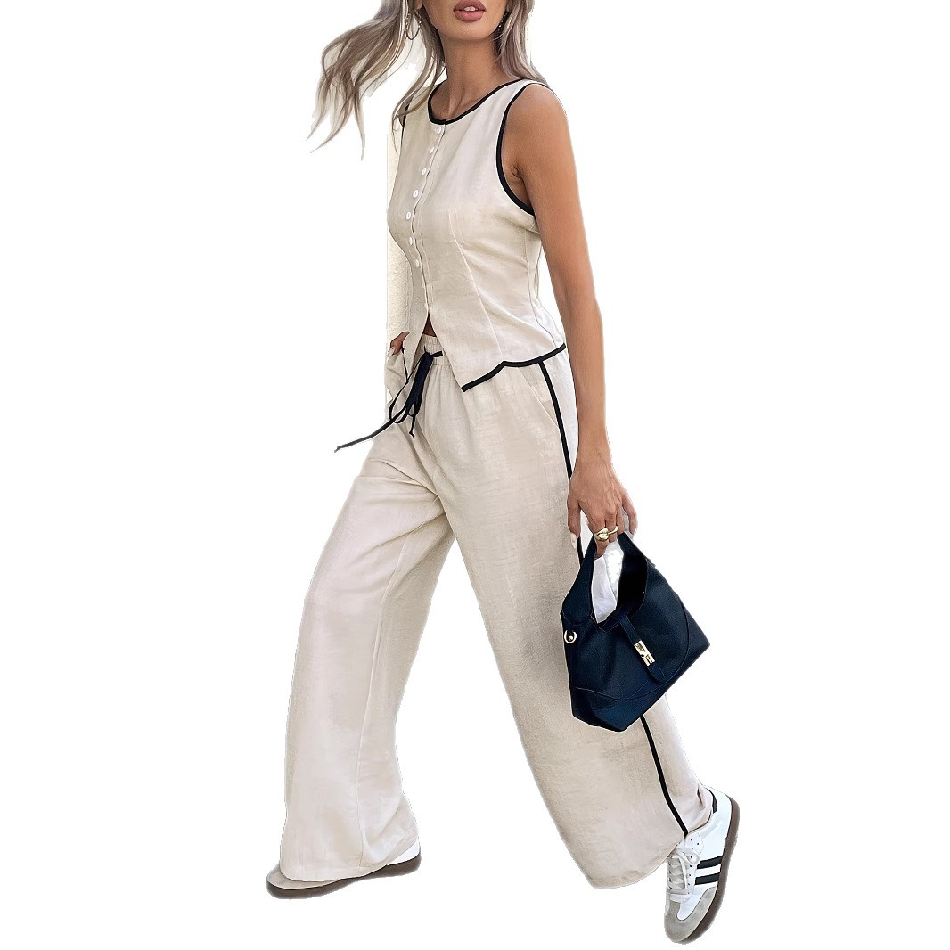 Women's Contrast Color Sleeveless Single-breasted Vest And Drawstring Trousers Suit