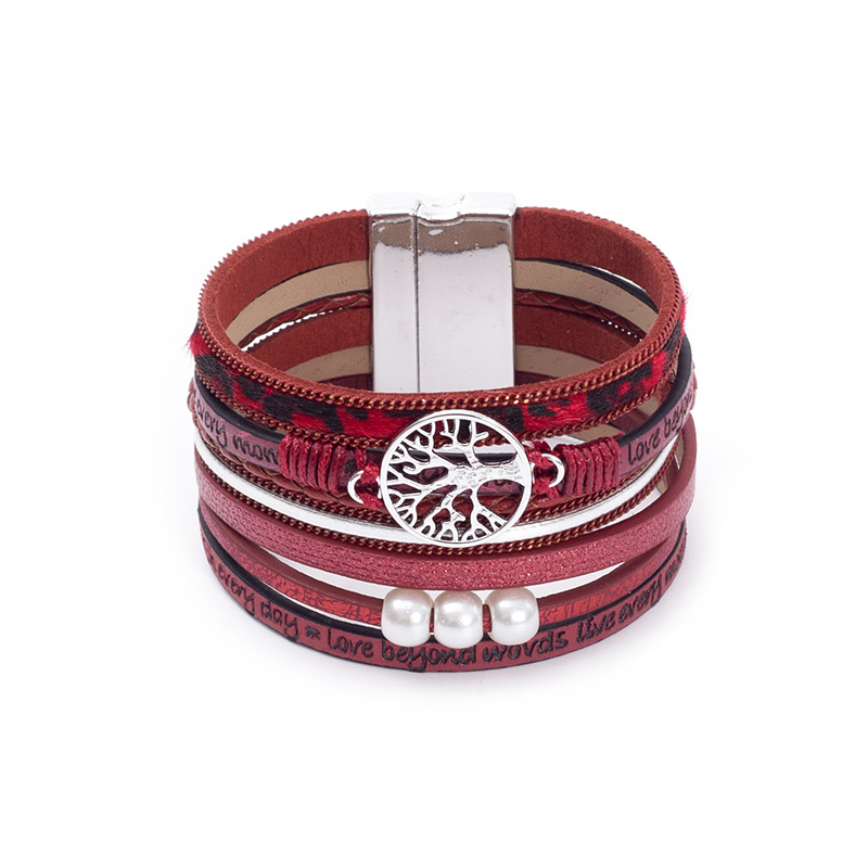 2022新色系生命树手链手工编织皮革手链镂空生命树多层手镯首饰