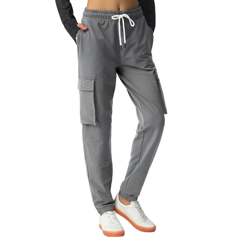 Cross-Border Cargo Pants for Women, Cotton Sports Jogger Pants with 4 Pockets and Drawstring