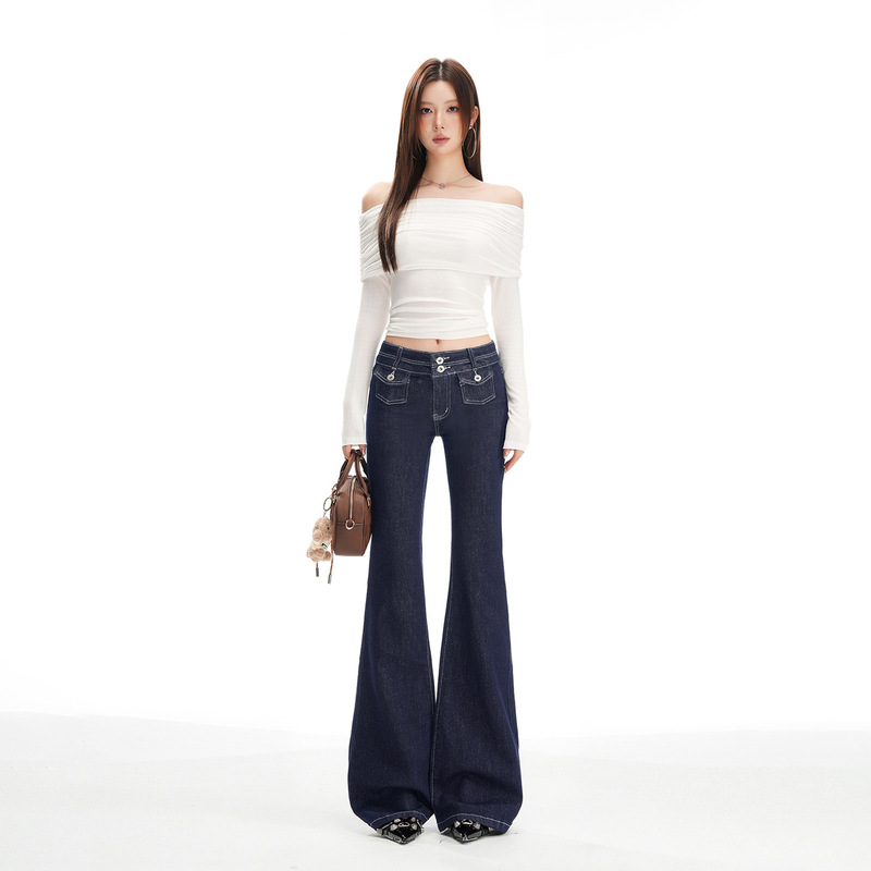 Orange Silk Women's Clothing # Dark Blue Low-Waist Bootcut Jeans for Women in Autumn Design Elastic Hot Girl Bell-Bottomed Floor-Length Pants