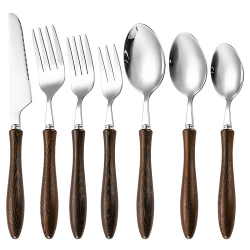 New 430 chicken wing wooden handle stainless steel knife, fork and spoon Japanese style wooden handle retro western tableware hotel steak knife, fork and spoon