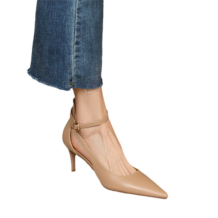 Korean order! Super French! Niche point-toe one-strap stiletto heels hollow Roman toe-cap sandals_voghion.com