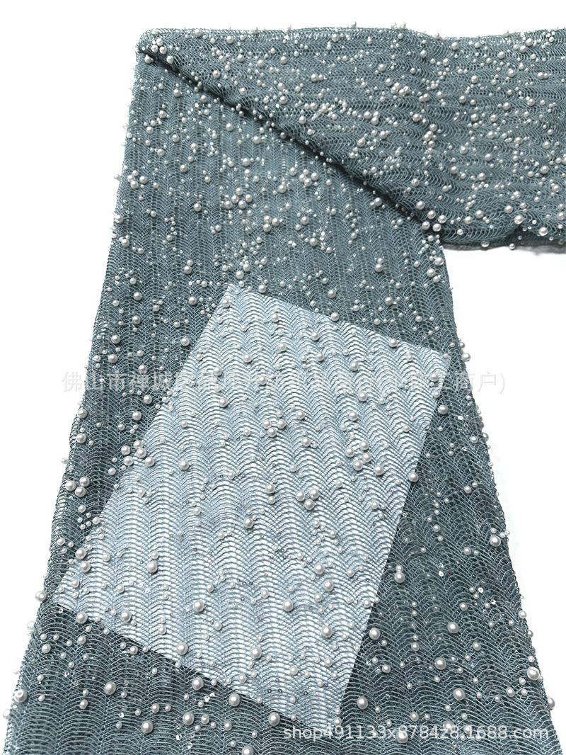 Inventario de tela de malla de cuentas de clavos pesados tamaño de perla ondulado bordado vestido de boda vestido de noche cheongsam tela