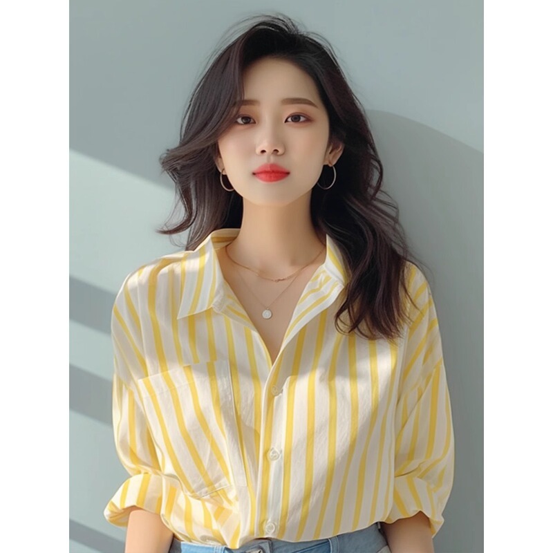 Yellow and White Vertical Striped Shirt 2026 Spring/Summer New Style European Fashion Casual Popular Long-Sleeve Top 2960 Yellow and White Vertical Striped Shirt 2026 Spring/Summer New Style European Fashion Casual Popular Long-Sleeve Top 2960
