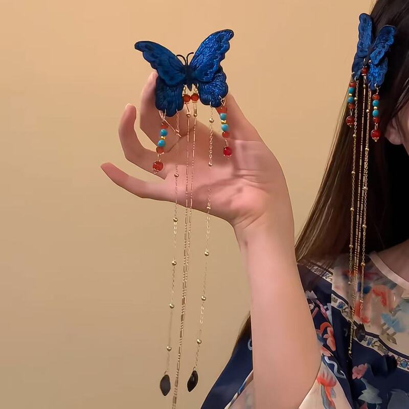 刺繍蝶｜新中国風エスニック風古代風絶妙な青い蝶ロングタッセル古典的な気質のヘアピンヘアアクセサリー|undefined