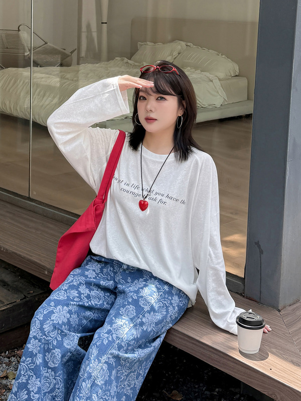 k3137大码女装圆领长袖微透T恤衫打底衫胖妹妹300斤上衣|undefined