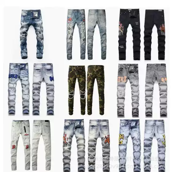 Pants trendy, personalized and casual new style, Shixiaojiao patch, trendy brand, slim fit, embroidered jeans, men's perforated trend, cotton patch