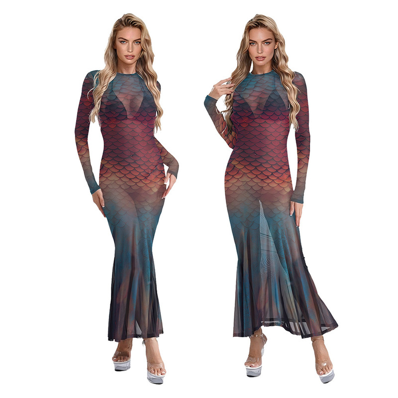 European and American Style Sexy Slim-Fitting Long-Sleeved Mermaid Dress Party Dress Gradient Fish Scale Print Fishtail Dress European and American Style Sexy Slim-Fitting Long-Sleeved Mermaid Dress Party Dress Gradient Fish Scale Print Fishtail Dress