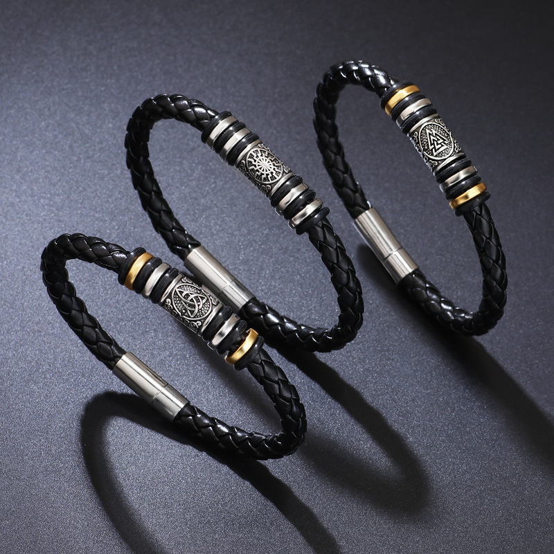 Retro Nordic Totem Leather Cord Bracelet for Men, Cross-Border Hot Selling Personalized Accessories Wholesale, Double-Layer Braided Men's Bracelet