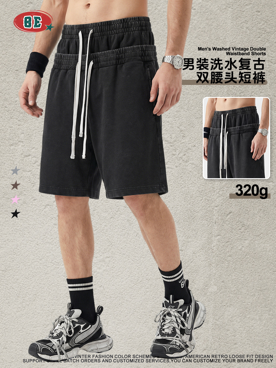 Be Hombres| Retro americano lavado en agua camiseta de mangas cortas pantalones cortos BOX dos piezas conjunto hecho viejo traje casual hombre
