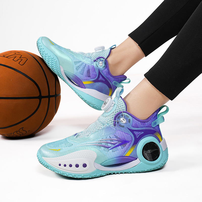 Rotating Button Men's Shoes New Breathable Running Youth Basketball Shoes Shock-Absorbing Junior High School Students' Large Shoes for Women