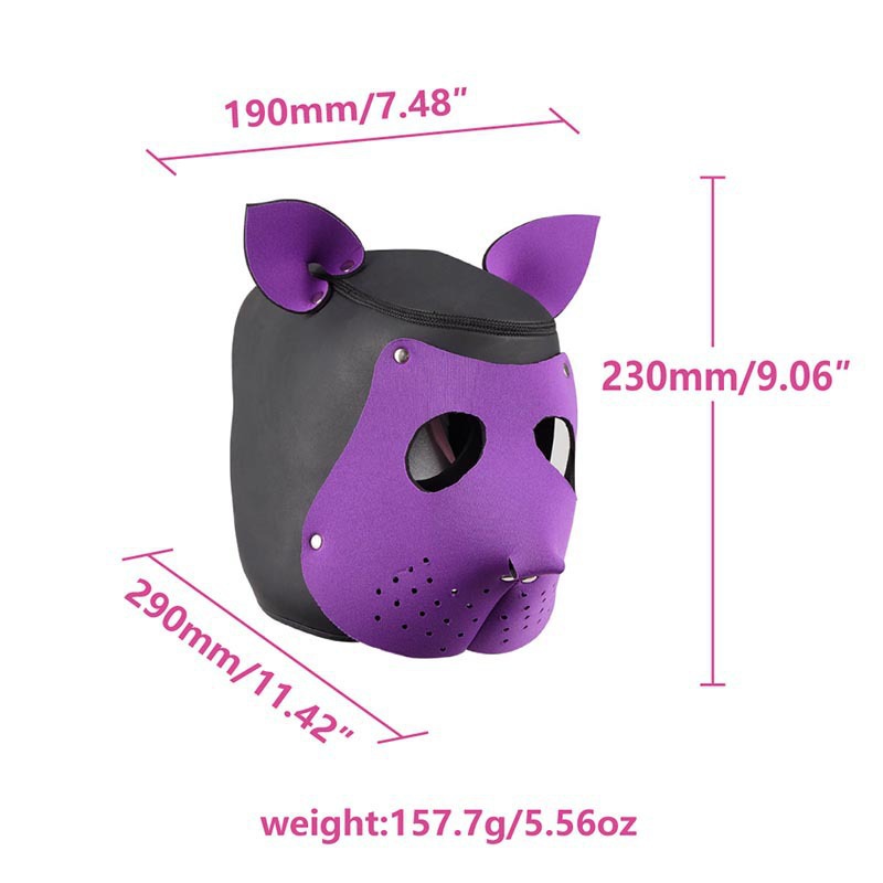 Leather Dog Head Mask with Purple Ears, Human K9 Costume Headgear — detail image 13
