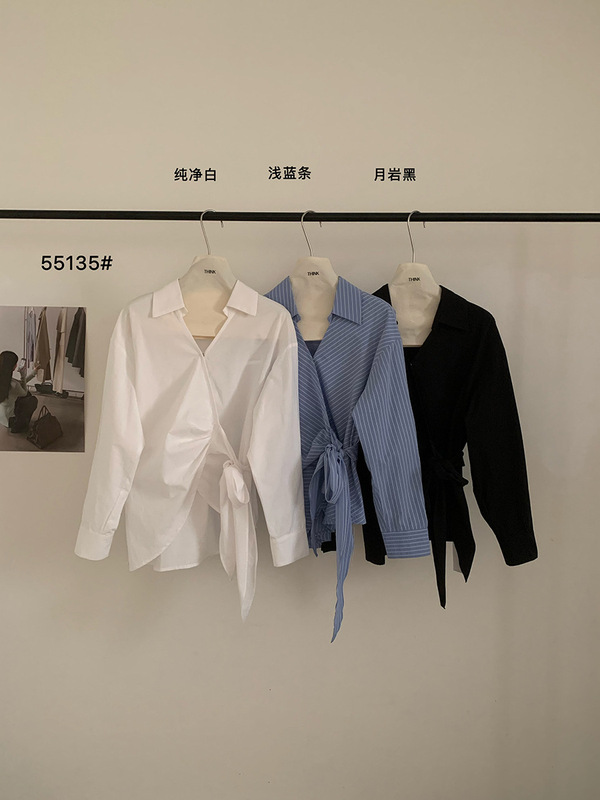 THINK十三行韩系设计感系带不规则衬衫女2025秋季新款V领宽松上衣|undefined