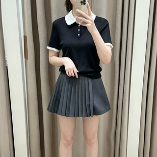 M家2026夏季新款女装休闲舒适金扣撞色花边翻领黑色针织短袖上衣