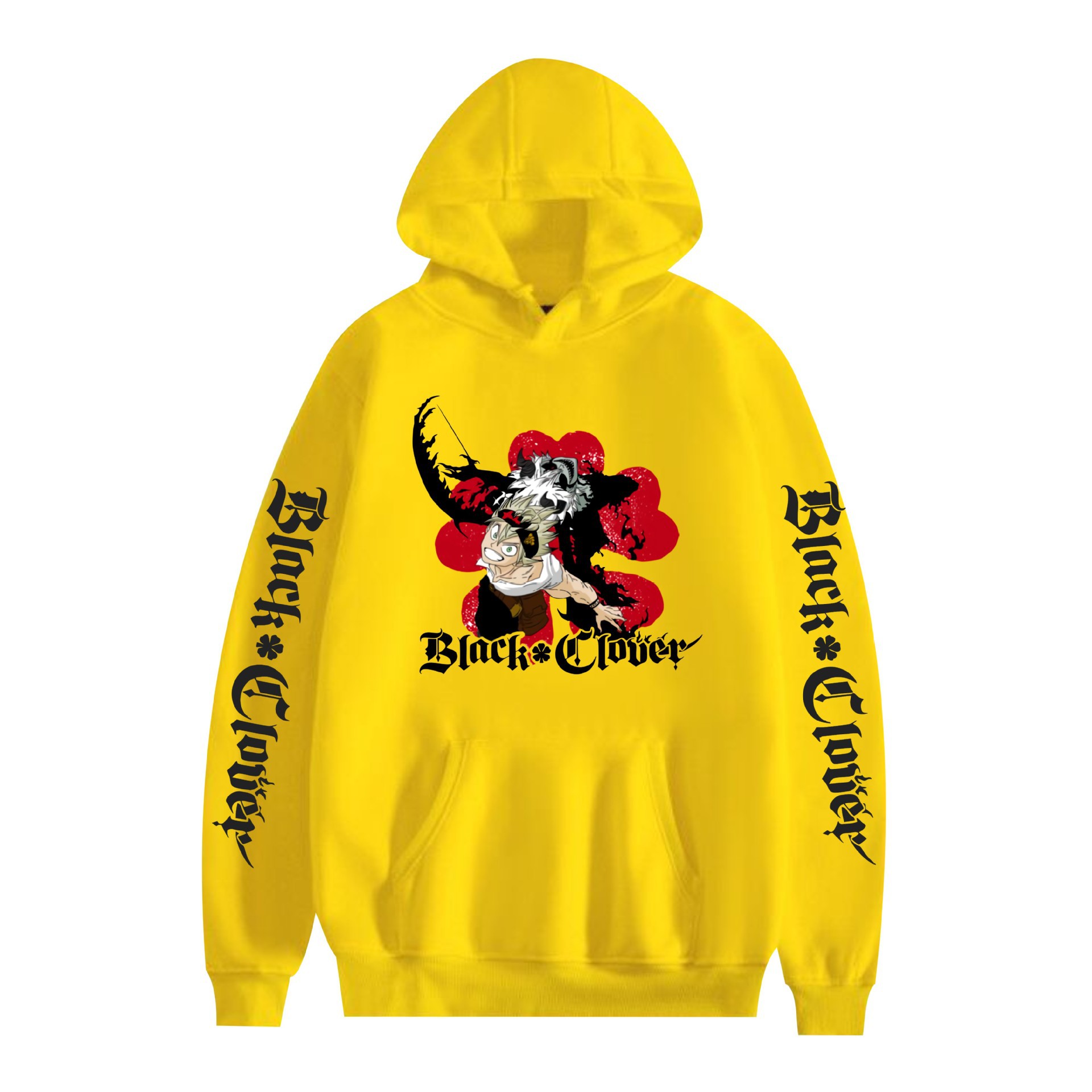 Suéter con capucha periférico de animación de trébol de cuatro hojas negro bidimensional marca de moda sudadera con capucha suelta casual más chaqueta de terciopelo nuevo