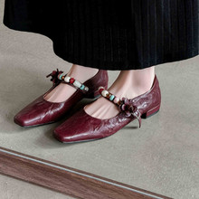 卢浮戏梦~波西米亚串珠花朵玛丽珍鞋羊皮女鞋复古风方头平底单鞋