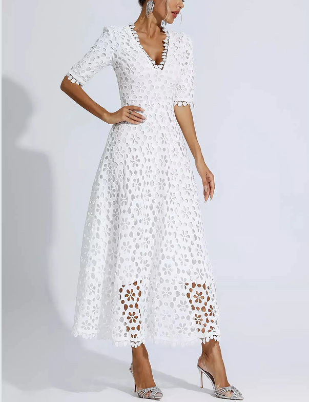 Women's Deep V Neck mid Length Lace Evening Dress Spring/Summer New Arrival European American Style Regular Size_ecoleips.com