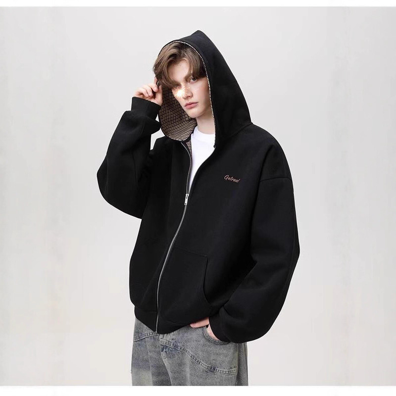 Cross-Border Houndstooth Lining Silhouette Hooded Sweatshirt Men's American Fashion Brand Three-Dimensional Loose Contrasting Color Cardigan Large Size Sweatshirt Cross-Border Houndstooth Lining Silhouette Hooded Sweatshirt Men's American Fashion Brand Three-Dimensional Loose Contrasting Color Cardigan Large Size Sweatshirt