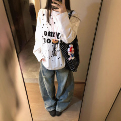 胖mm美式复古宽松波点长袖大码t恤女秋季设计感小众INS慵懒风上衣