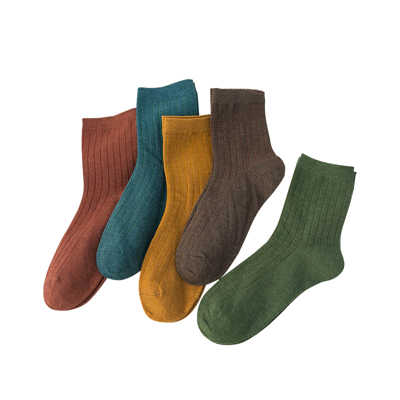 Calcetines de otoño e invierno a media pierna calcetines de algodón de color sólido medias transpirables absorbentes de sudor Medias Vintage imitación doble aguja calcetines a rayas al por mayor