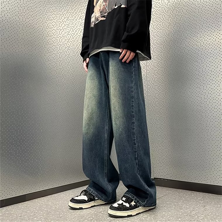 Retro blue jeans men's loose oversize pants American casual wide-leg mopping pants trendy men's dark blue