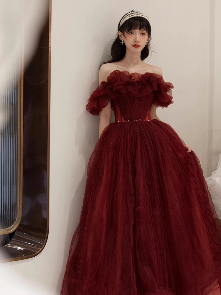 2026 New Style Off-Shoulder Elegant Red Wedding Dress, High-Quality Evening Gown Women For Annual Party, Autumn/Winter_ecoleips.com