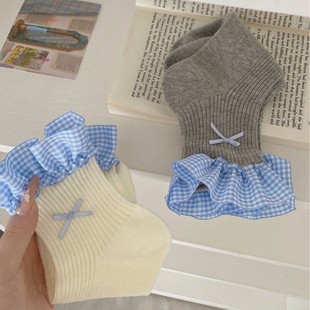Anti-Pilling Socks Ins Japanese Style Boneless Thin College Style Blue Plaid Lace Short Tube Cute Girl's Show Style
