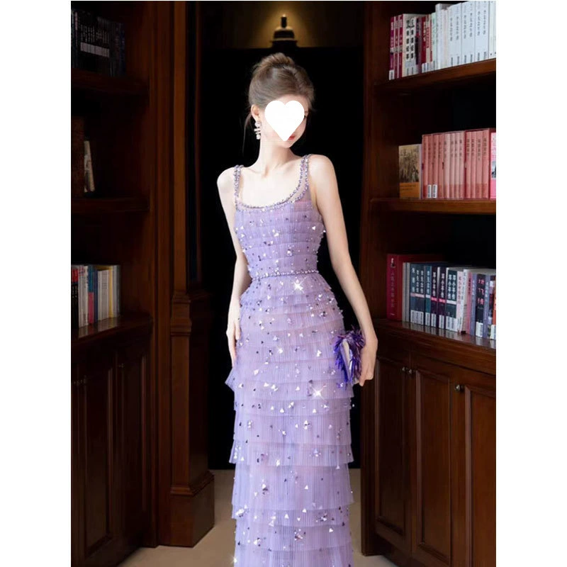 Вечернее банкетное платье популярно в этом году, красивое и универсальное, элегантное, стильное и изысканное фиолетовое платье на подтяжках для женщин лета.