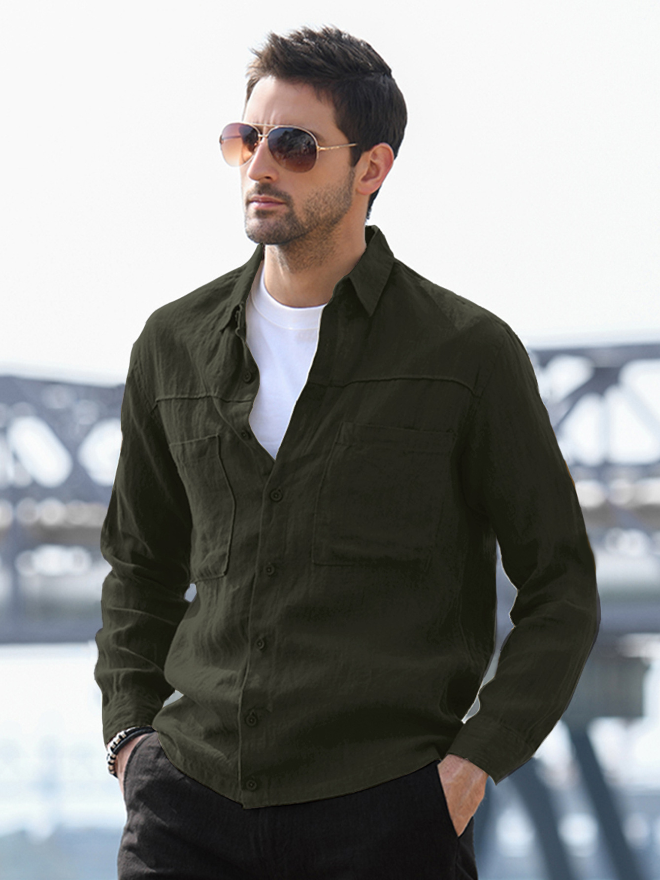 Ropa de hombre transfronteriza nueva juventud suelta más el tamaño de los hombres de color sólido simple solapa de manga larga Camisa de algodón y lino en stock Generación de cabello