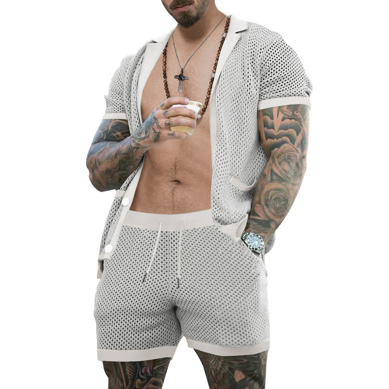Traje de verano de ropa de hombre transfronterizo de Amazon de malla europea y americana de punto casual camiseta de solapa pantalones cortos de manga corta ropa de hombre