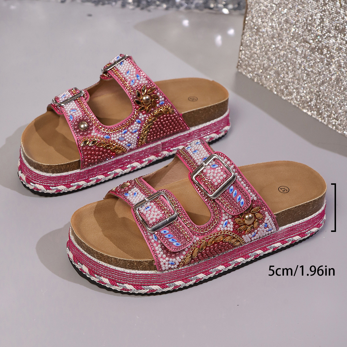 Rhinestone Double Buckle Platform Sandals Women's Summer Style Rope Cork Material Beach Slippers_voghion.com