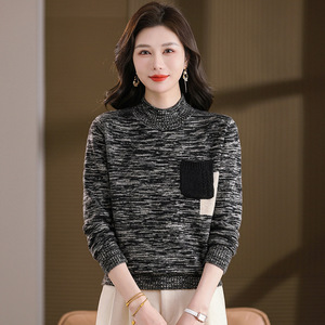25秋冬上新款半高领重工口袋刺绣长袖打底衫潮流款套头毛衣针织衫，女装针织衫/毛衣，妃慕昵服饰