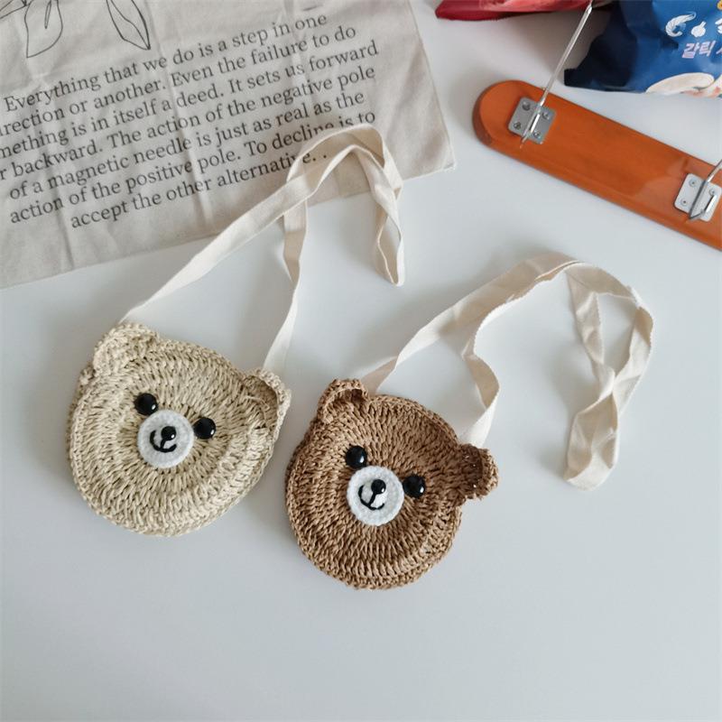 韓版兒童草編零錢包男女寶寶出遊穿搭凹造型超萌小熊迷你斜跨包包