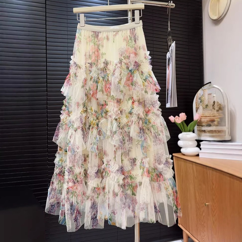 European and American Cross-Border Amazon Heavy-Duty Splicing Printed Mesh Cake Skirt Skirt Women's New Floral Fluffy Long Skirt