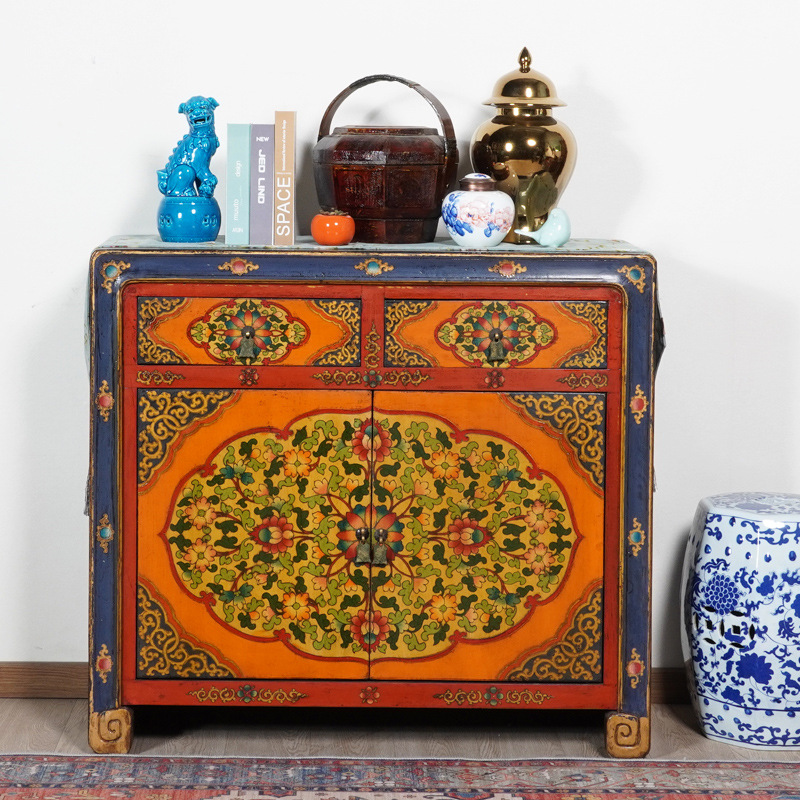 中式仿古彩绘玄关柜藏式实木鞋柜手绘复古装饰柜古风多功能入户柜