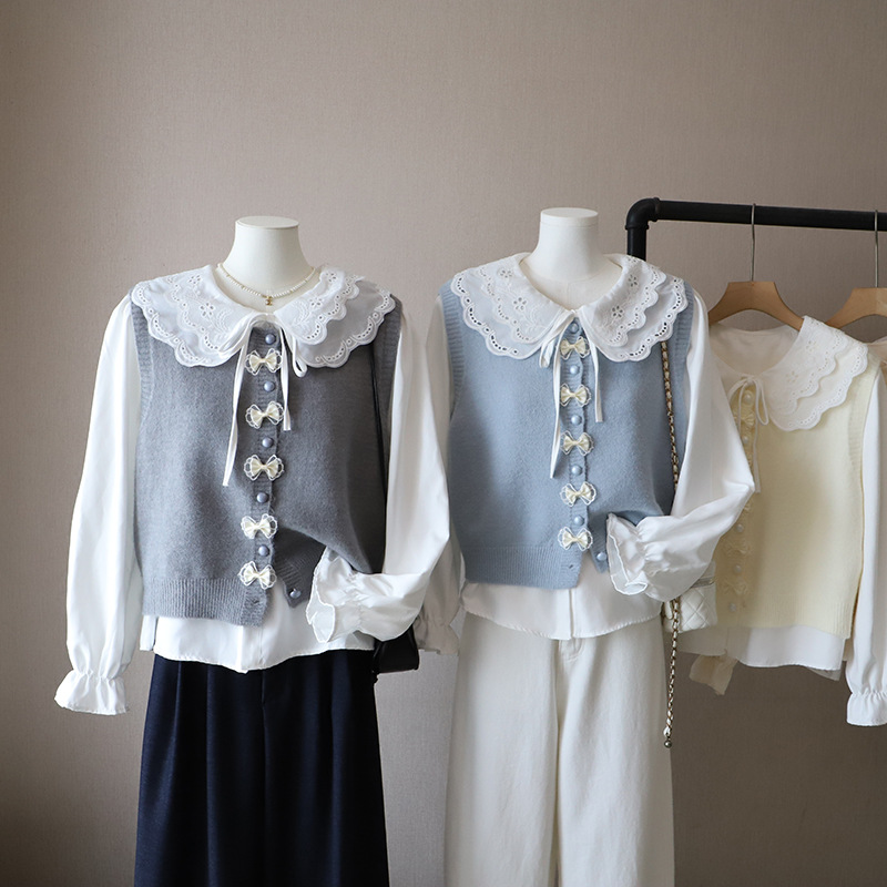 [比正]2025秋季新韩版甜美减龄娃娃领衬衫外搭针织马甲背心女5149
