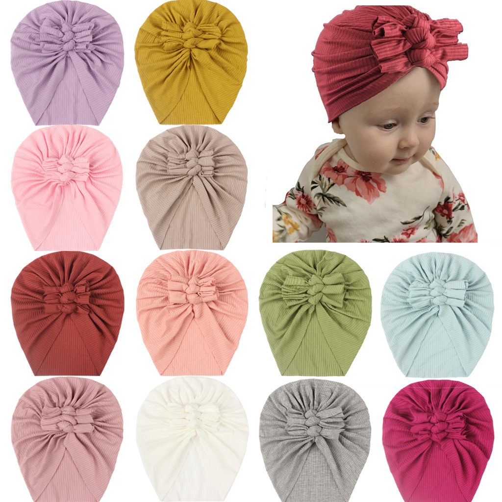 New children's solid color hat bowknot e...